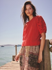 Red Broderie Sleeve Crew Neck T-Shirt - Image 2 of 5