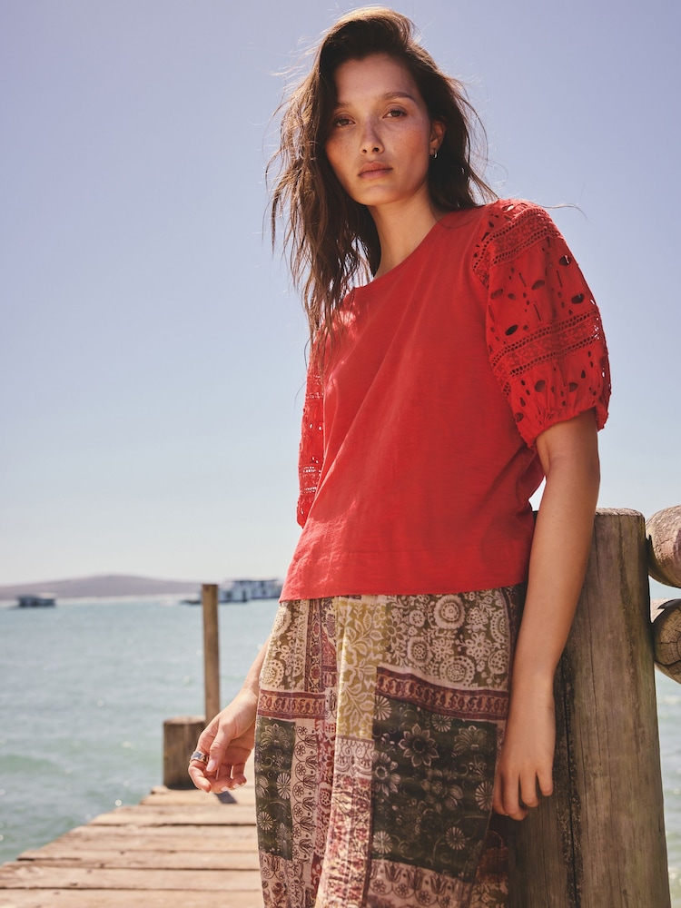 Red Broderie Sleeve Crew Neck T-Shirt - Image 2 of 5