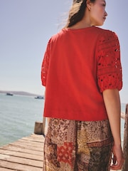 Red Broderie Sleeve Crew Neck T-Shirt - Image 3 of 5