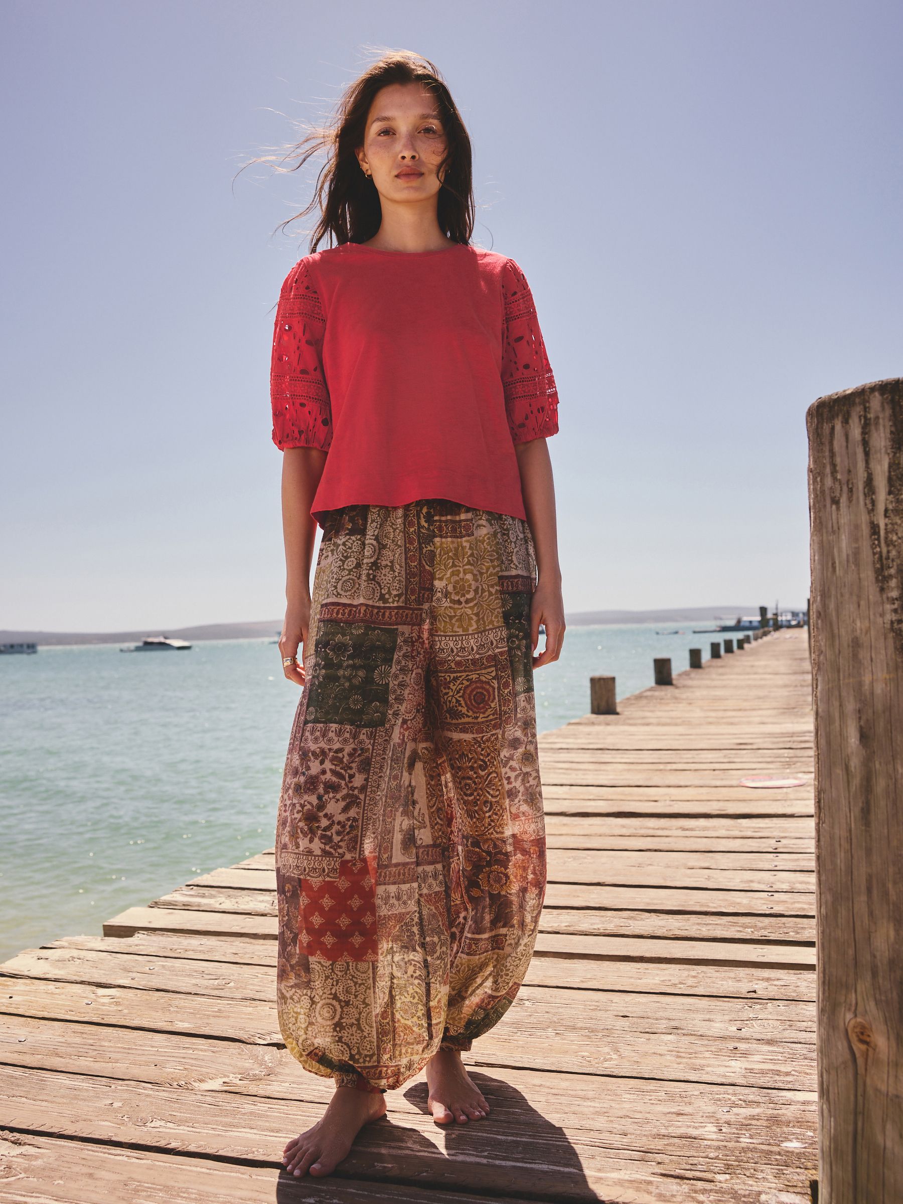 Buy Red Broderie Sleeve Crew Neck T-Shirt from the Next UK online shop