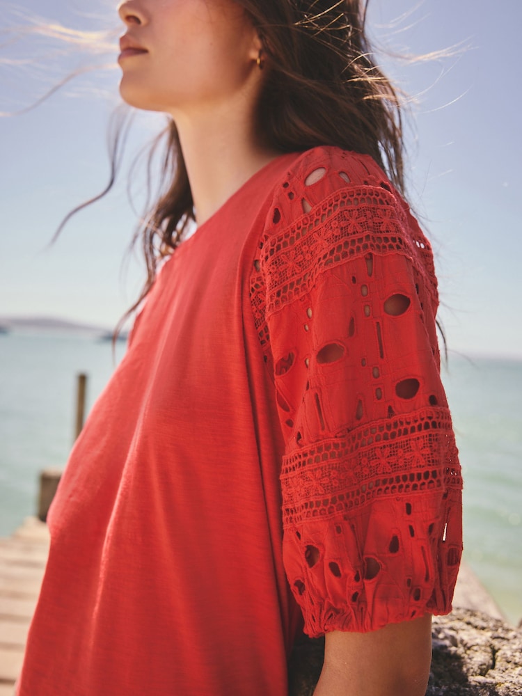 Red Broderie Sleeve Crew Neck T-Shirt - Image 5 of 5