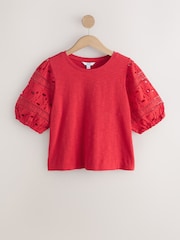 Red Broderie Sleeve Crew Neck T-Shirt - Image 6 of 8