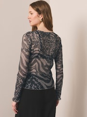 Chocolate Brown Animal Print Crinkle Mesh Long Sleeve Crew Neck Top - Image 2 of 7