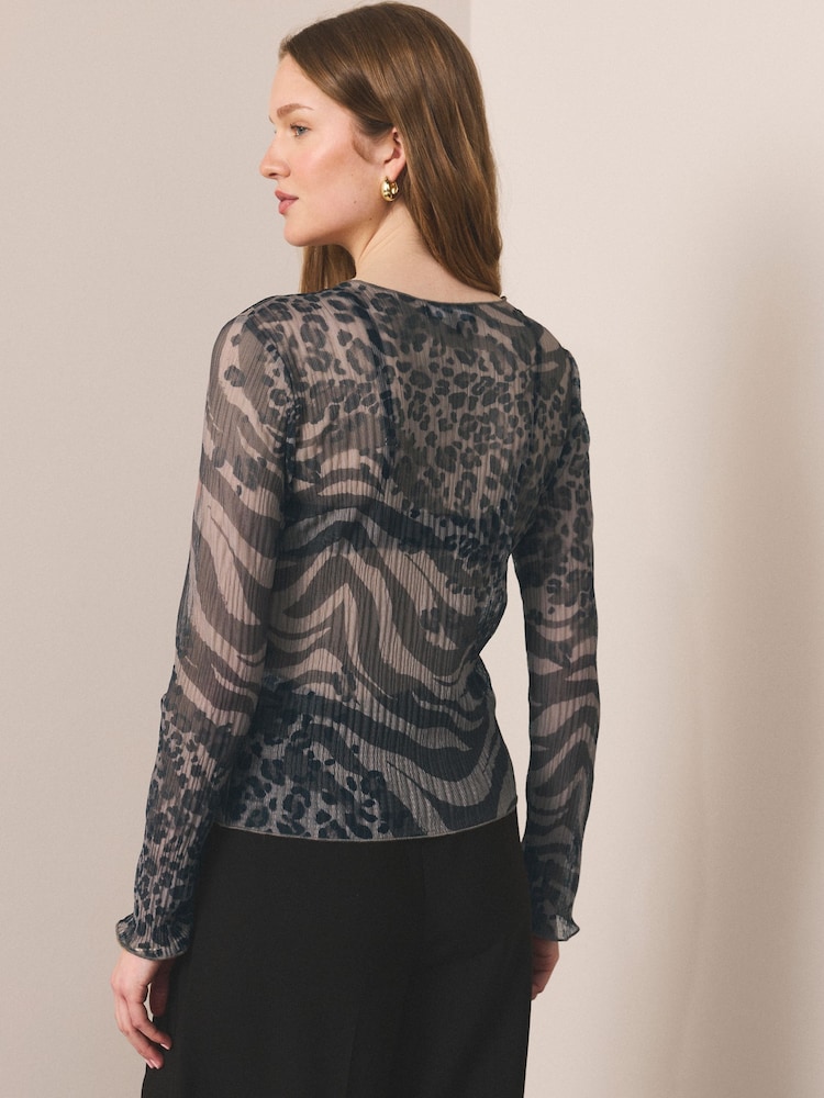 Chocolate Brown Animal Print Crinkle Mesh Long Sleeve Crew Neck Top - Image 2 of 7