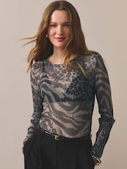 Chocolate Brown Animal Print Crinkle Mesh Long Sleeve Crew Neck Top - Image 3 of 7