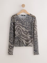 Chocolate Brown Animal Print Crinkle Mesh Long Sleeve Crew Neck Top - Image 5 of 7