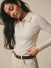 Bež - Rebrasta polo majica z dolgimi rokavi in z gumbi po celotni dolžini - Slika 4 iz 7