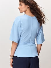 ブルー - ドレープ シンチウエスト ハーフスリーブ トップス - 画像 2 / 7