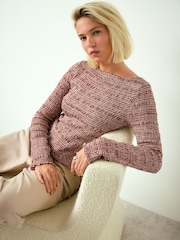 Chocolate Brown Gingham Shirred Long Sleeve Slash Neck Blouse - Image 1 of 7