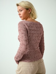 Chocolate Brown Gingham Shirred Long Sleeve Slash Neck Blouse - Image 3 of 7