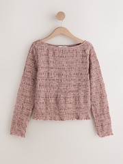 Chocolate Brown Gingham Shirred Long Sleeve Slash Neck Blouse - Image 5 of 7