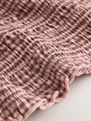 Chocolate Brown Gingham Shirred Long Sleeve Slash Neck Blouse - Image 6 of 7