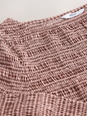 Chocolate Brown Gingham Shirred Long Sleeve Slash Neck Blouse - Image 7 of 7