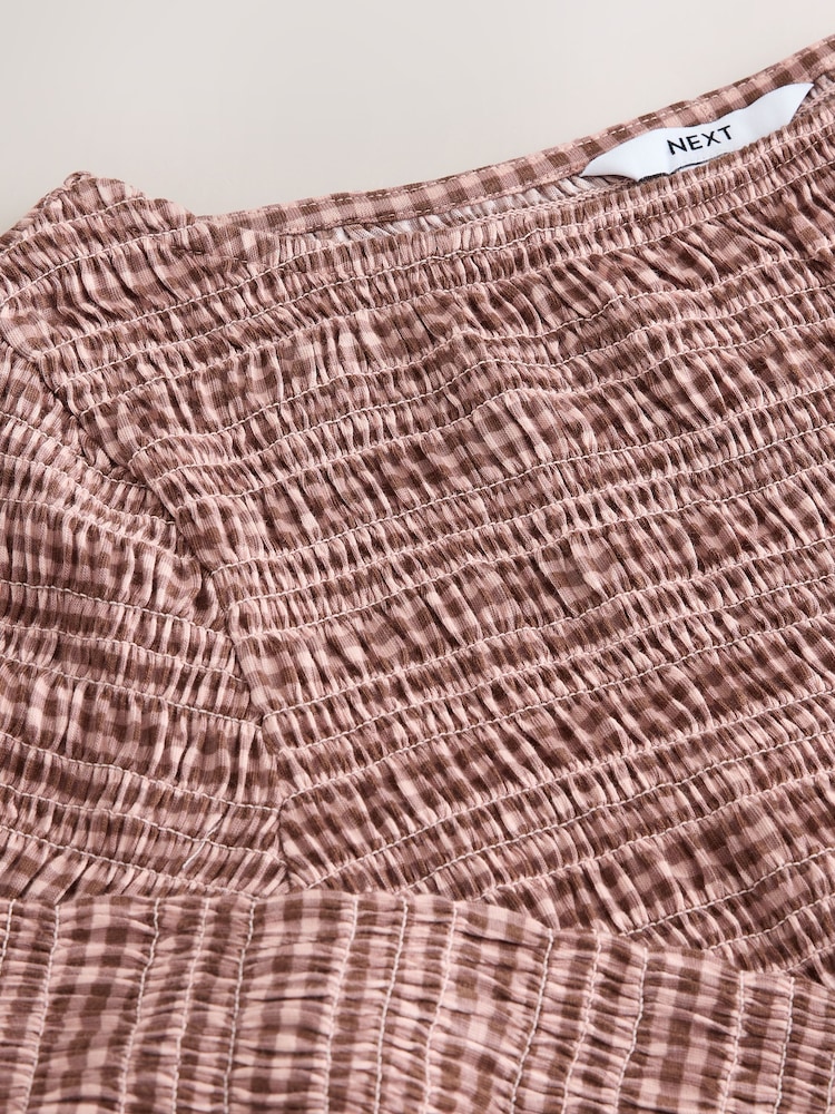 Chocolate Brown Gingham Shirred Long Sleeve Slash Neck Blouse - Image 7 of 7