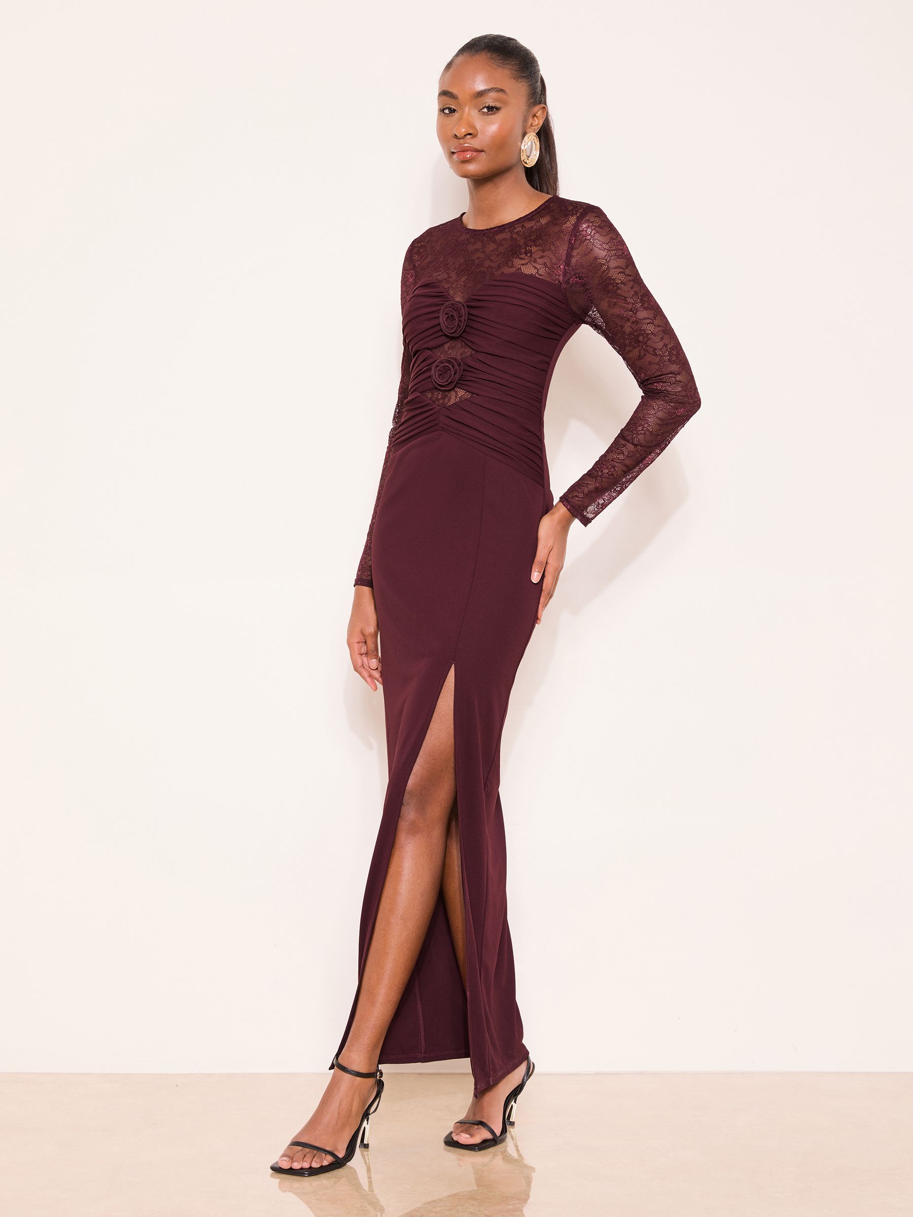 Buy Lipsy Burgundy Red Burgundy Lace Trim Ruched Maxi Dress from