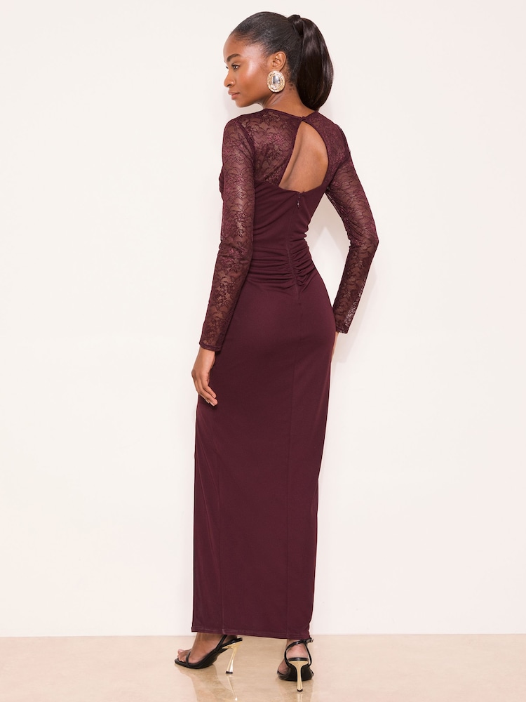 Lipsy Burgundy Red Burgundy Lace Trim Ruched Maxi Dress - Image 5 of 5