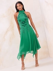 Lipsy Green Floral and Embellished Embrodiery Halter Midi Dress - Image 1 of 4