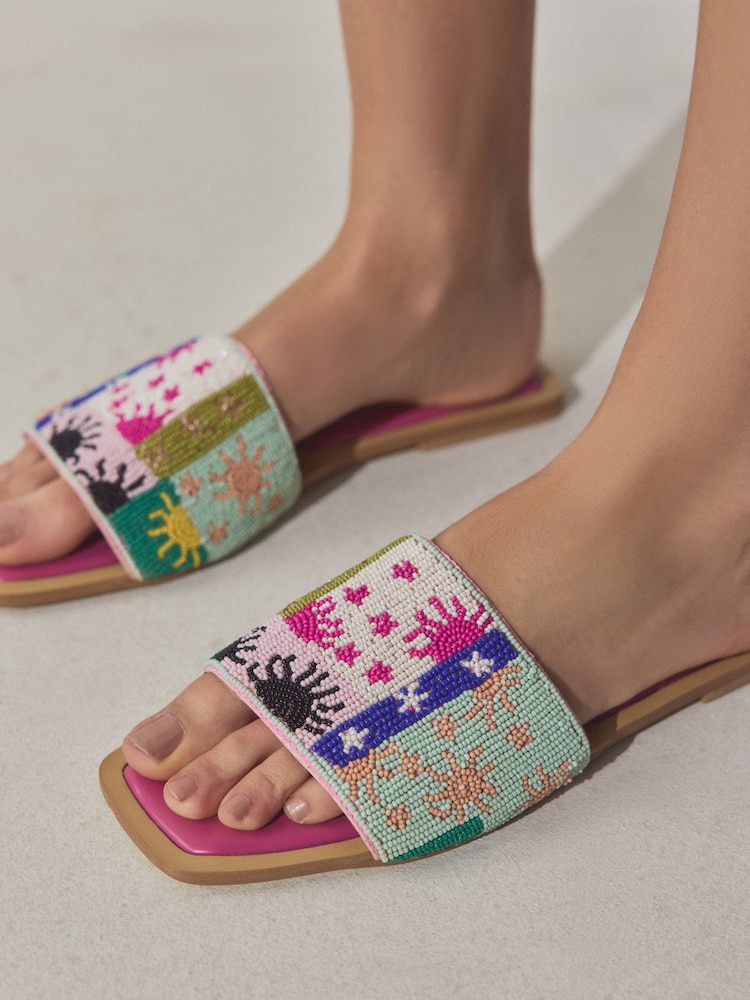 Multi Pink Forever Comfort® Beaded Square Toe Mules - Image 1 of 4 Multi Pink Forever Comfort® Beaded Square Toe Mules - Image 1 of 4