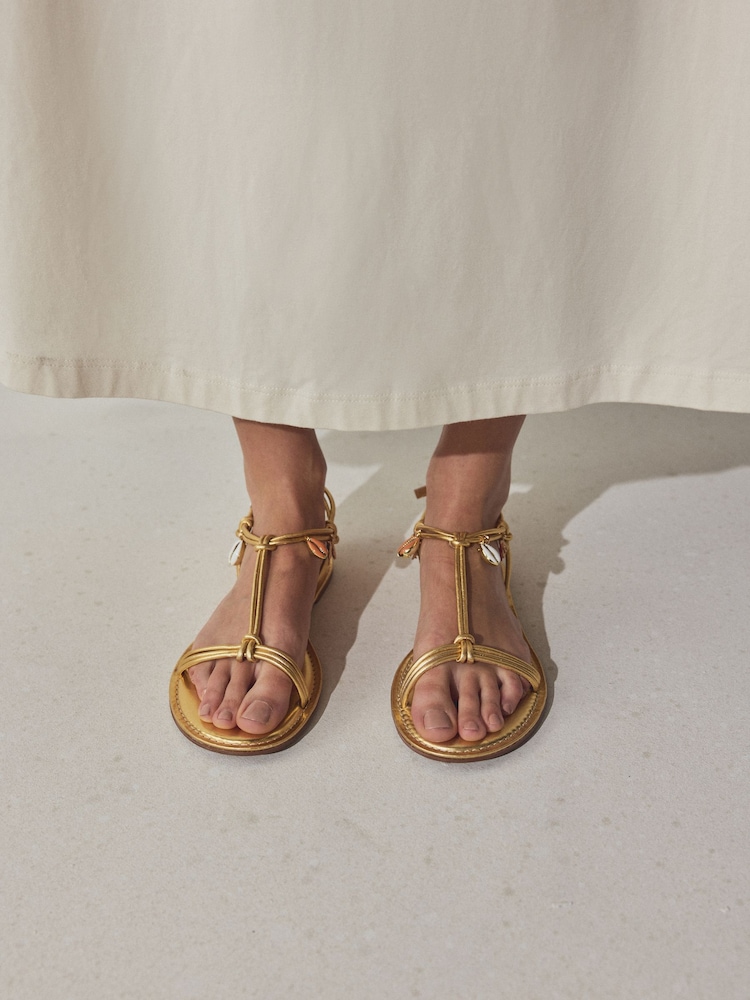 Gold Leather Forever Comfort® Charm Detail Sandals - Image 1 of 6