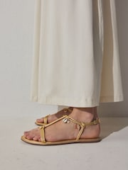 Gold Leather Forever Comfort® Charm Detail Sandals - Image 3 of 6