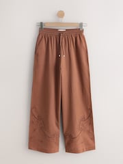 Camel Pull On Broderie Wide Leg Trousers with Linen - Image 1 of 3