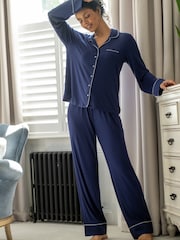 Pour Moi Blue Bamboo Jersey Button Through Revere Collar Pyjamas Set - Image 1 of 4