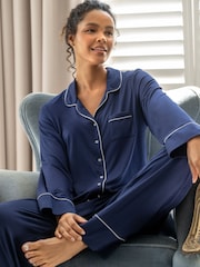 Pour Moi Blue Bamboo Jersey Button Through Revere Collar Pyjamas Set - Image 2 of 4