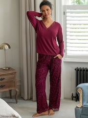 Pour Moi Red Brushed Rib Lace Trim V-Neck Lounge Pyjamas Set - Image 2 of 2