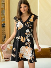 Pour Moi Black Dusk Printed Satin Lace Capped Sleeve Chemise - Image 1 of 4