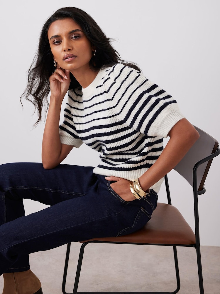 Mint Velvet Blue Striped Puff Sleeve Knit Top - Image 1 of 8