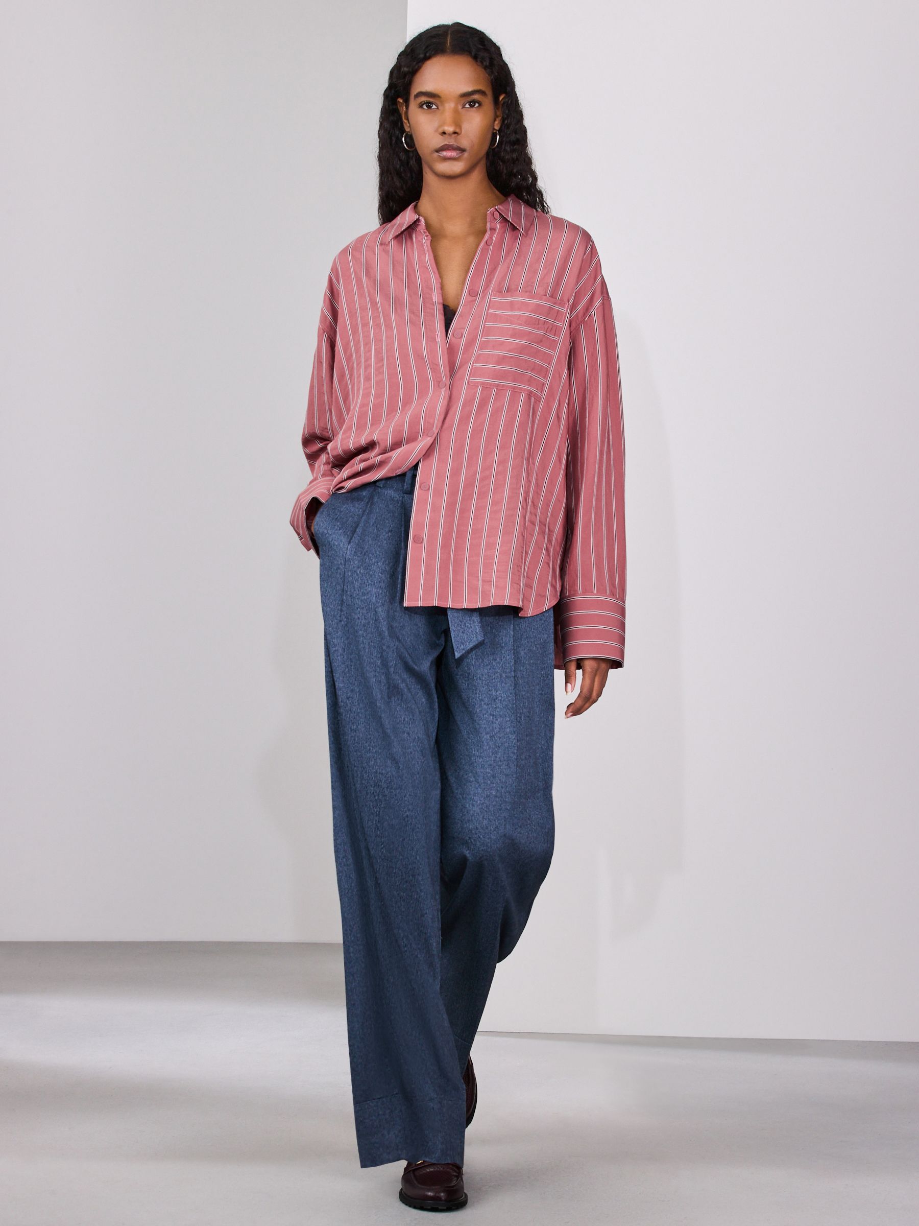 Buy Рожевий/Чорний - Jacquard Stripe Oversized Long Sleeve Shirt з