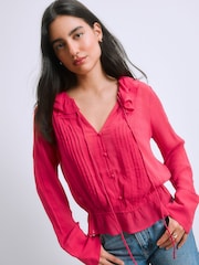 Pink Ruffle Pintuck Long Sleeve Blouse - Image 5 of 8