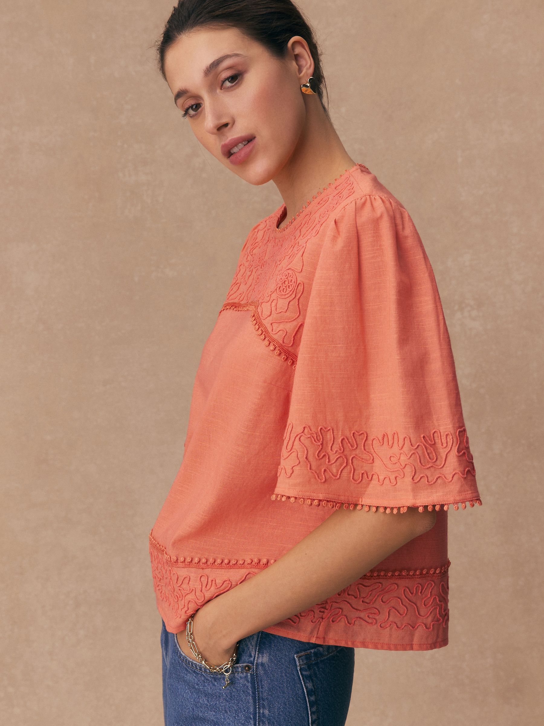 Buy Orange Embroidered Short Sleeve Top from Next USA