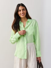 Lime Green 100% Linen Long Sleeve Shirt - Image 4 of 12