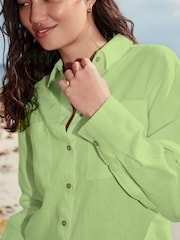 Lime Green 100% Linen Long Sleeve Shirt - Image 7 of 12