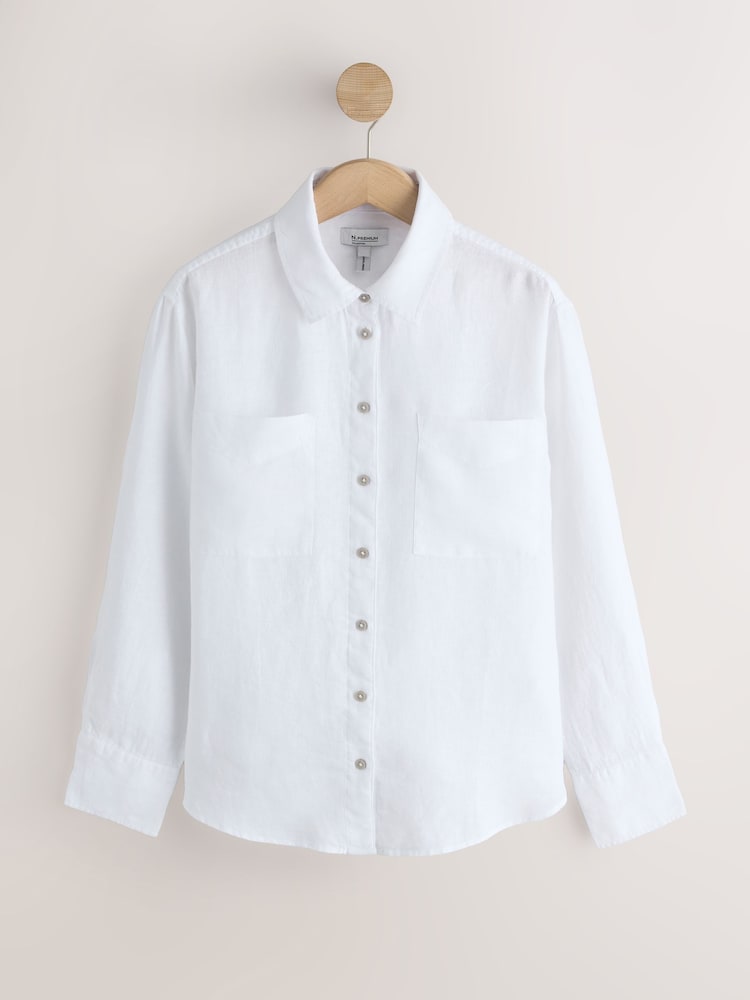 White 100% Linen Long Sleeve Shirt - Image 1 of 3