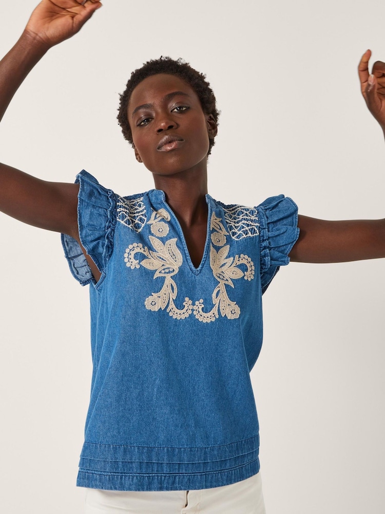 Monsoon Blue Holly Embroidered Denim Blouse - Image 1 of 5 Monsoon Blue Holly Embroidered Denim Blouse - Image 1 of 5
