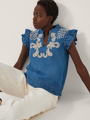 Monsoon Blue Holly Embroidered Denim Blouse - Image 3 of 5