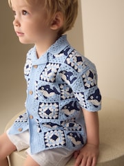 Blue Shark Crochet Knitted Short Sleeve Shirt (12mths-10yrs) - Image 1 of 4