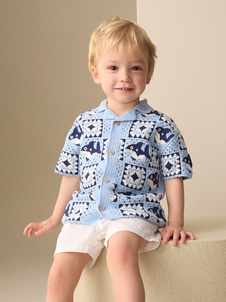 Blue Shark Crochet Knitted Short Sleeve Shirt (12mths-10yrs) - Image 2 of 4