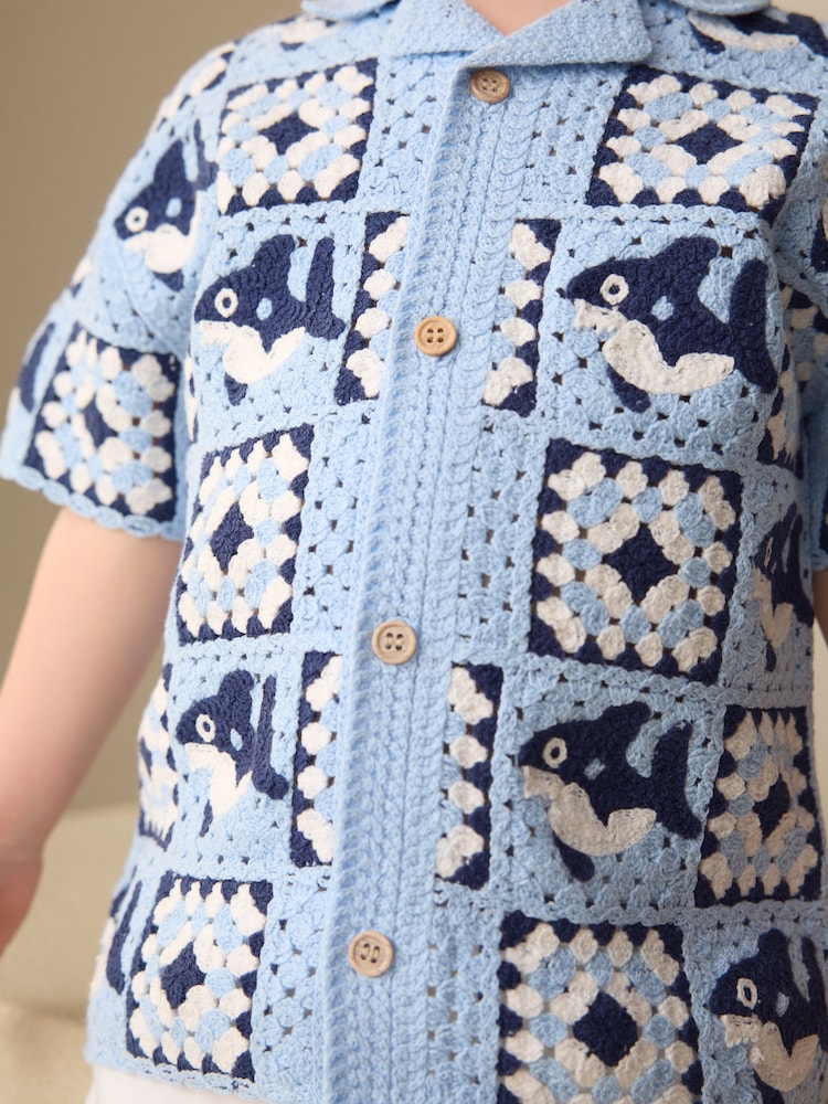 Blue Shark Crochet Knitted Short Sleeve Shirt (12mths-10yrs) - Image 4 of 4