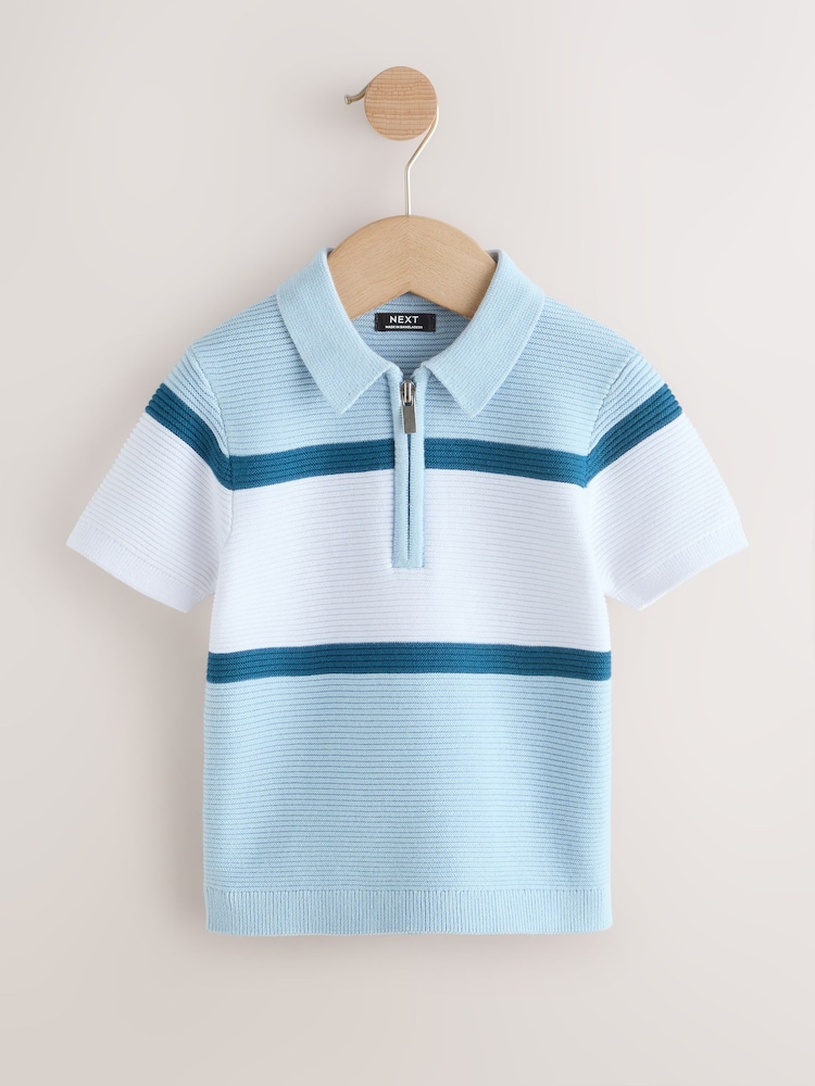 Blue Colourblock Knitted Zip Neck Polo Shirt (3mths-7yrs) - Image 1 of 4