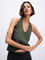 The Set 3 Pack Tie Neck Halter Top With Linen Black/Khaki Green/Stone - Image 1 of 6