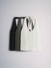 The Set 3 Pack Tie Neck Halter Top With Linen Black/Khaki Green/Stone - Image 2 of 6