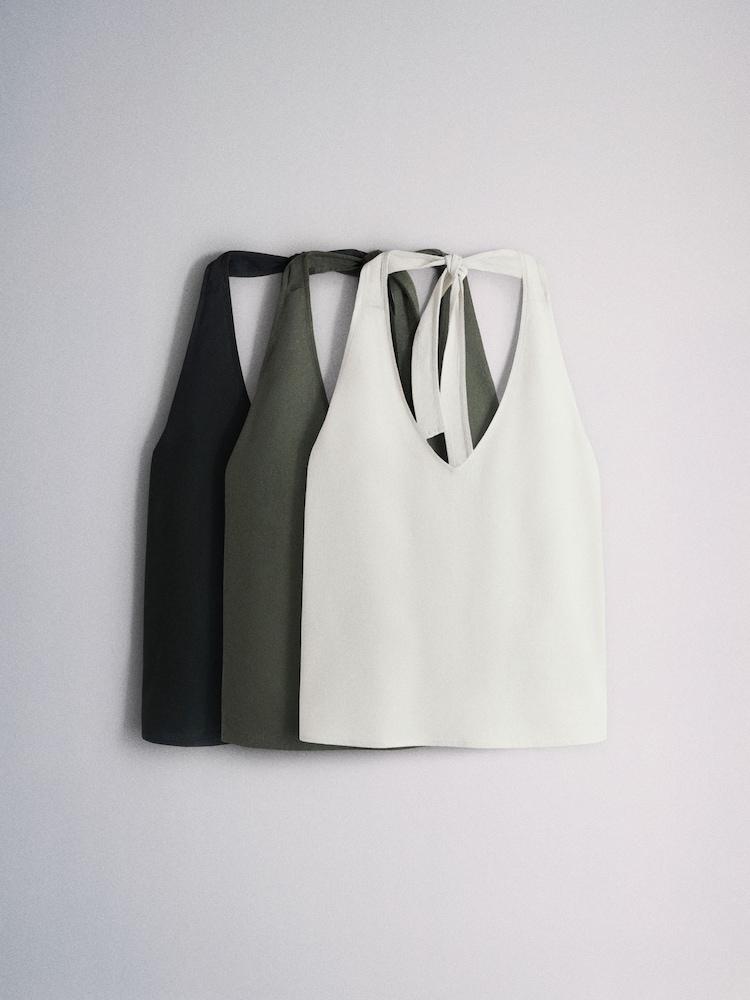 The Set 3 Pack Tie Neck Halter Top With Linen Black/Khaki Green/Stone - Image 2 of 6