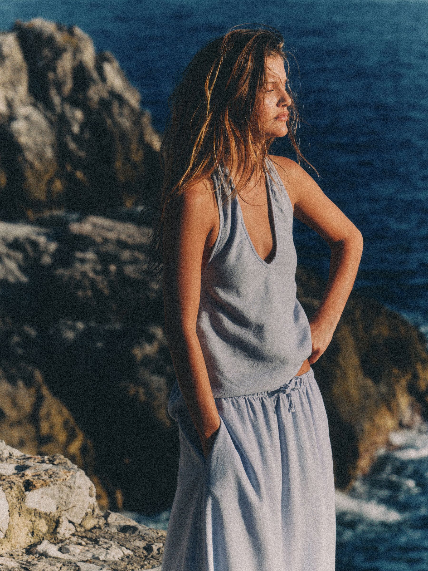 Buy The Set 2 Pack Tie Neck Halter Tops with Linen Blue/White from