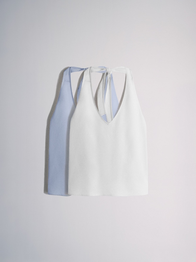 The Set 2 Pack Tie Neck Halter Tops with Linen Blue/White - Image 2 of 8