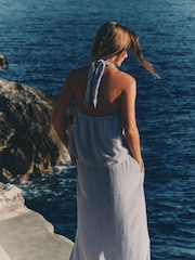 The Set 2 Pack Tie Neck Halter Tops with Linen Blue/White - Image 4 of 8