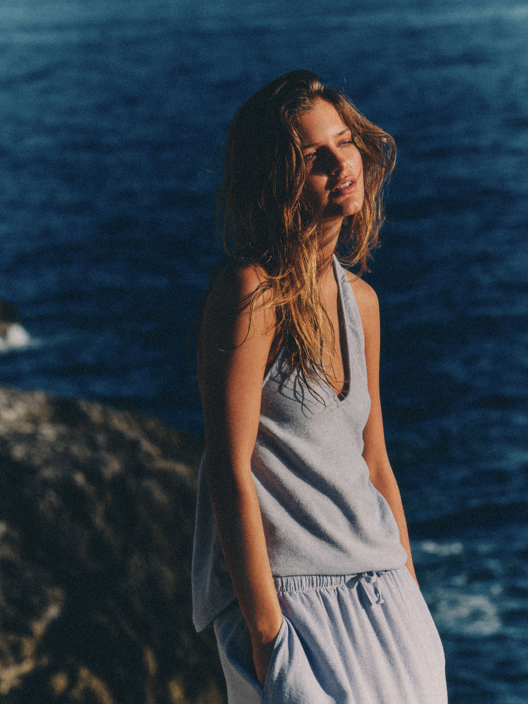 Buy The Set 2 Pack Tie Neck Halter Tops with Linen Blue/White from