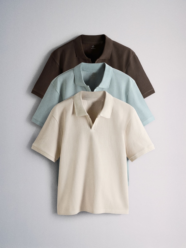 The Set 3 Pack Ribbed Heavy Cotton Trophy Neck TShirts Aqua/Cream - Image 2 of 6